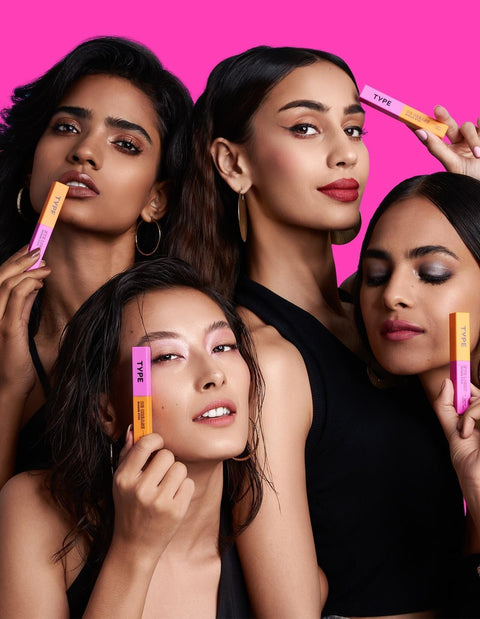 Diverse models showcasing vibrant eyeshadow combo products against pink background.