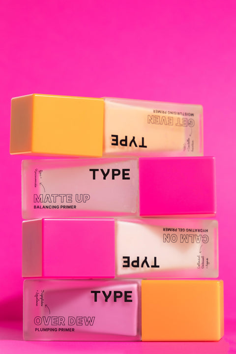 MATTE UP Balancing Primer with vibrant packaging on pink background.