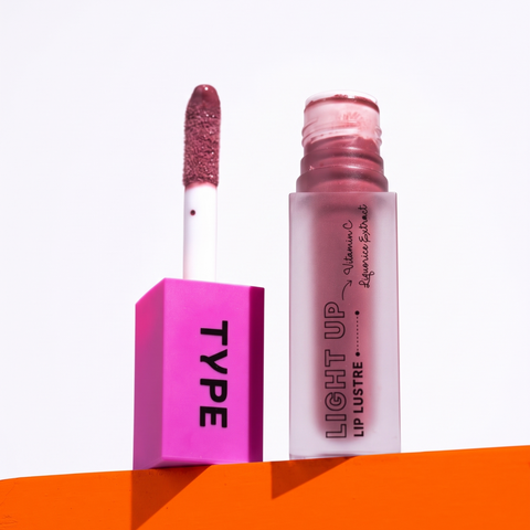 42672818978894, Type Beauty Light Up Lip Lustre in Dirty Mama - open tube and applicator