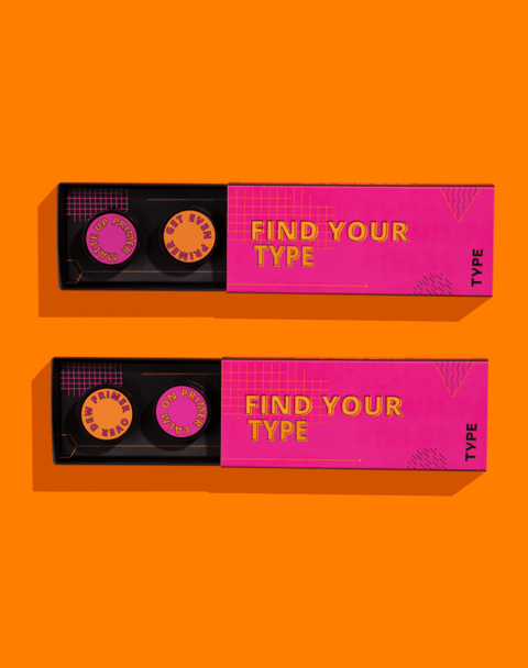 Primer sample set featuring vibrant packaging and product labels.