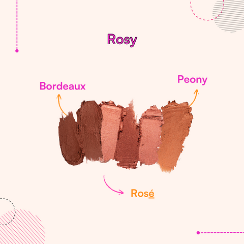 Eyeshadow Combo with Bordeaux, Peony, and Rosé shades swatches.
