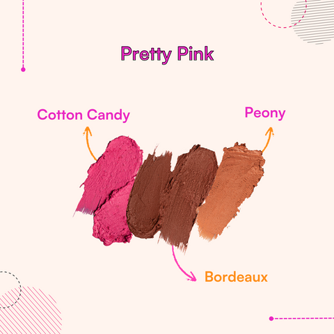 "Pretty Pink Eyeshadow Combo: Cotton Candy, Peony, Bordeaux shades swatches."