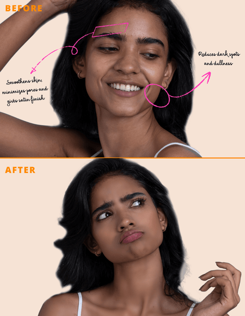 Before and after using GET EVEN Moisturizing Primer for flawless skin.
