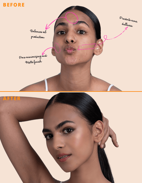 Before and after results using Matte Up Balancing Primer on skin.