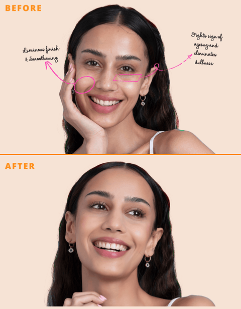 "OVER DEW PLUMPING PRIMER before and after results showcasing radiant skin."