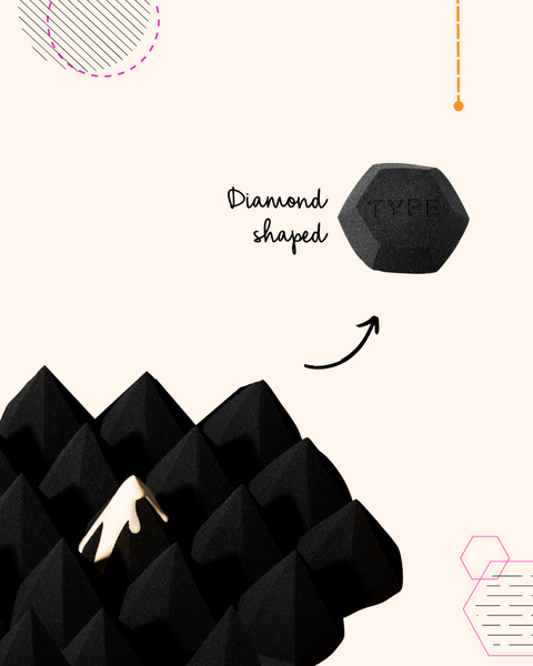 Diamond-shaped black sponge for seamless makeup application.