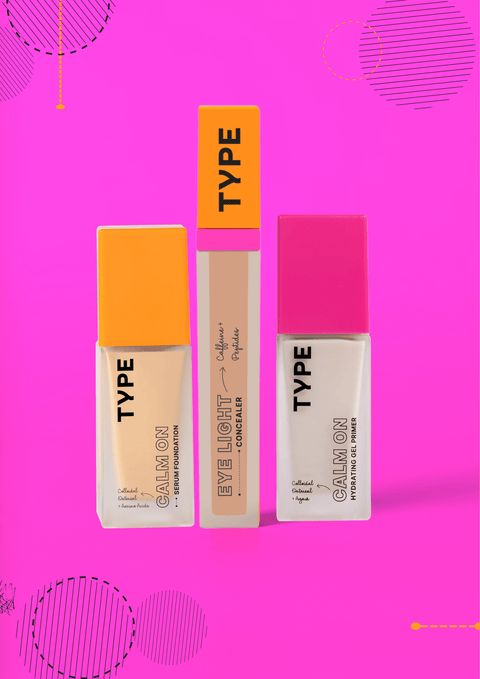 "The Calm On Set makeup products on vibrant pink background."