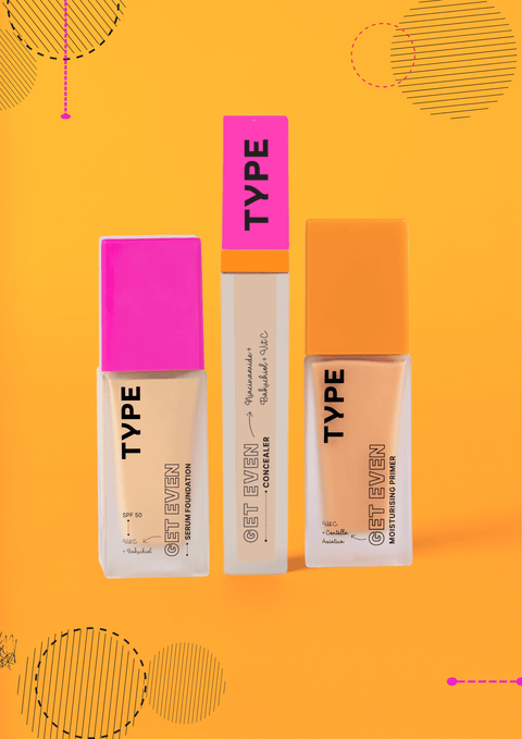 "The Get Even Set with serum foundation, concealer, and moisturising primer."