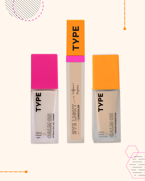 "The Calm On Set products: hydrating primer, concealer, serum foundation."