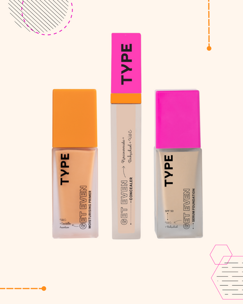 The Get Even Set: moisturizing primer, concealer, serum foundation.