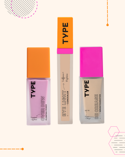 Three makeup products from "THE OVER DREW SET" on a light background.