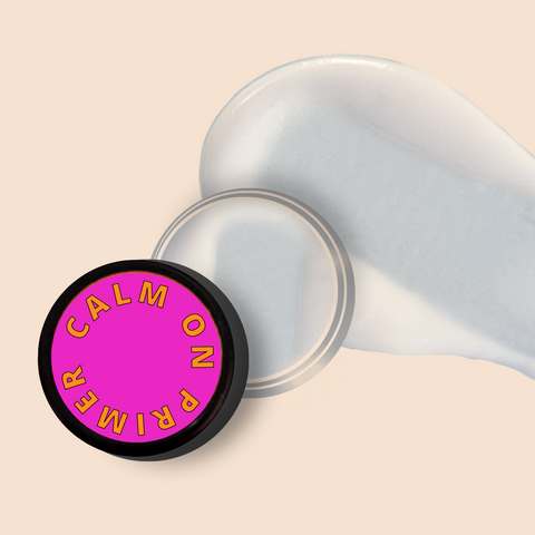 CALM ON Hydrating Gel Primer Mini with swatch texture on background.