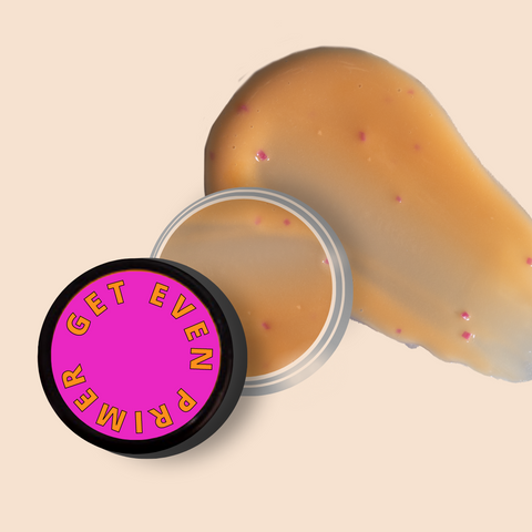 GET EVEN MOISTURIZING PRIMER MINI in jar with product swatch.