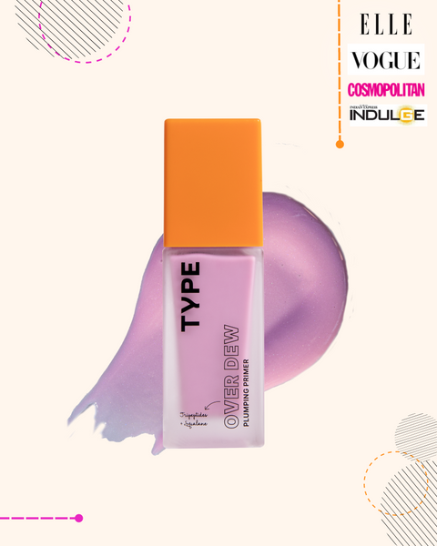 OVER DEW Plumping Primer in sleek bottle with colorful abstract background.