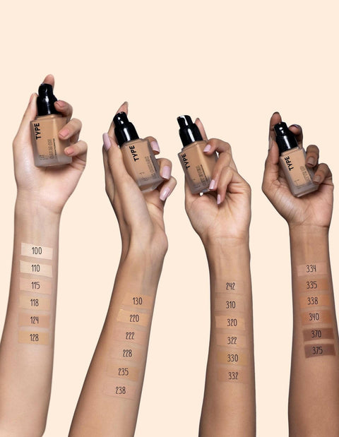 Diverse shades of Decrease Foundation displayed on various skin tones.