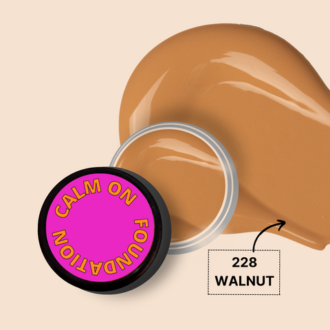 CALM ON FOUNDATION MINI in Walnut shade, creamy texture swatch.