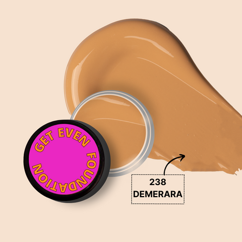 GET EVEN FOUNDATION MINI in shade 238 Demerara with smooth foundation swatch.
