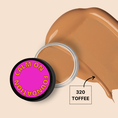 CALM ON FOUNDATION MINI in Toffee shade on a beige background.