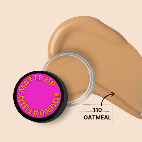 MATTE UP FOUNDATION MINI in Oatmeal shade with creamy texture swatch.