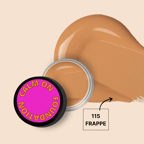 CALM ON FOUNDATION MINI in shade 115 Frappe with product swatch.
