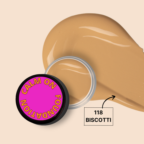 CALM ON FOUNDATION MINI in shade 118 Biscotti with swatch.