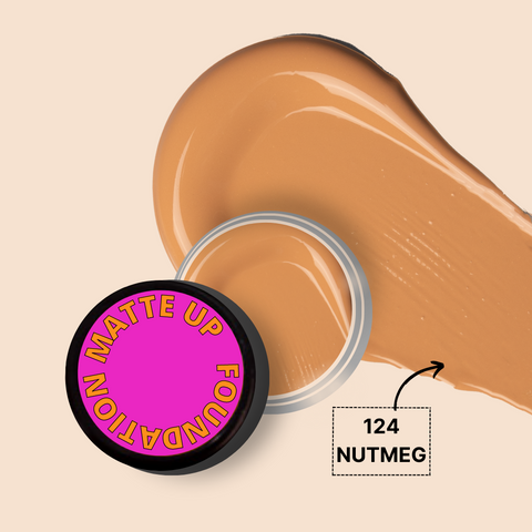 "MATTE UP FOUNDATION MINI in shade 124 Nutmeg with a smooth foundation swatch."