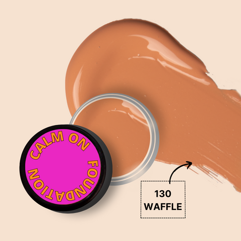 Calm On Foundation Mini in shade 130 Waffle, creamy texture swatch.