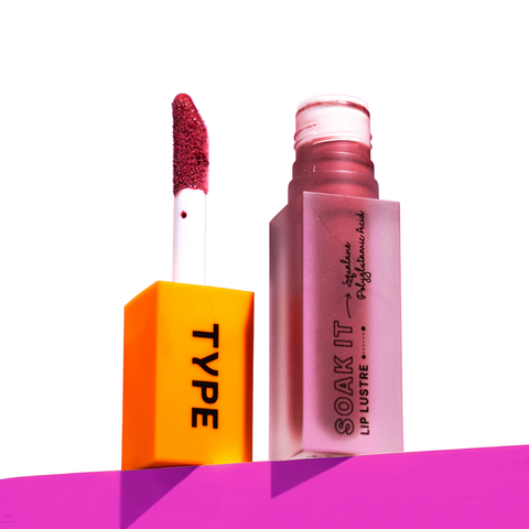 42672819339342, Type Beauty Soak It Lip Lustre in Dirty Mama - open tube and applicator
