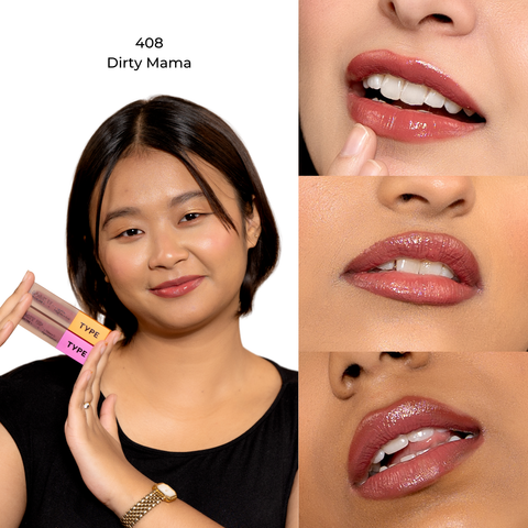 42672819339342, Type Beauty Soak It Lip Lustre in Dirty Mama - on-model lip swatches