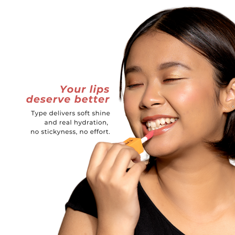 42672819339342, Type Beauty Soak It Lip Lustre in Dirty Mama - model applying lip lustre