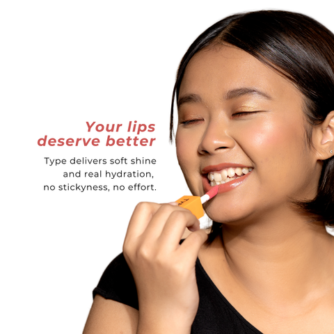 42672819306574, Type Beauty Soak It Lip Lustre in Obsession - model applying lip lustre