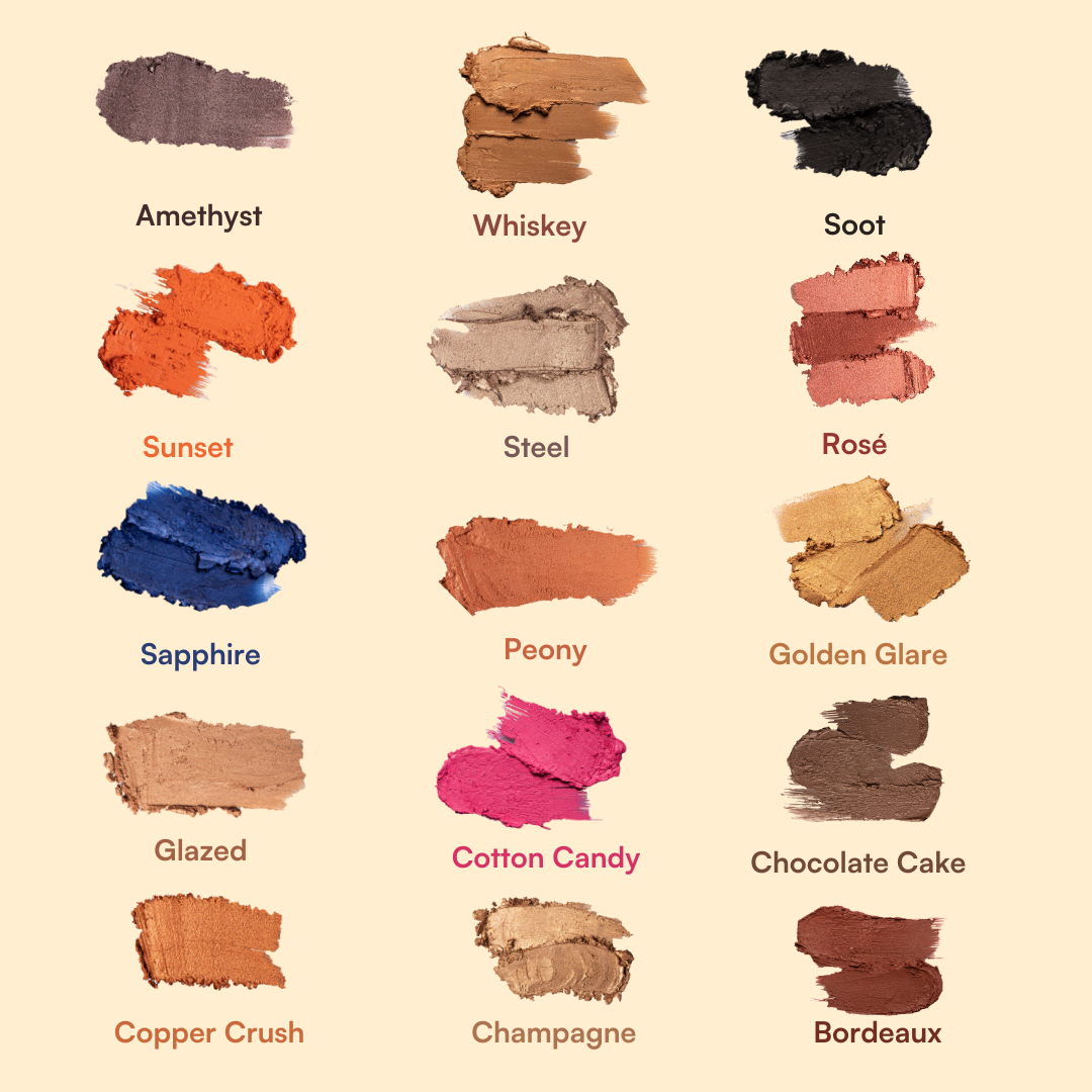 Swatches of DECREASE EYESHADOW STICK shades on a pastel background.