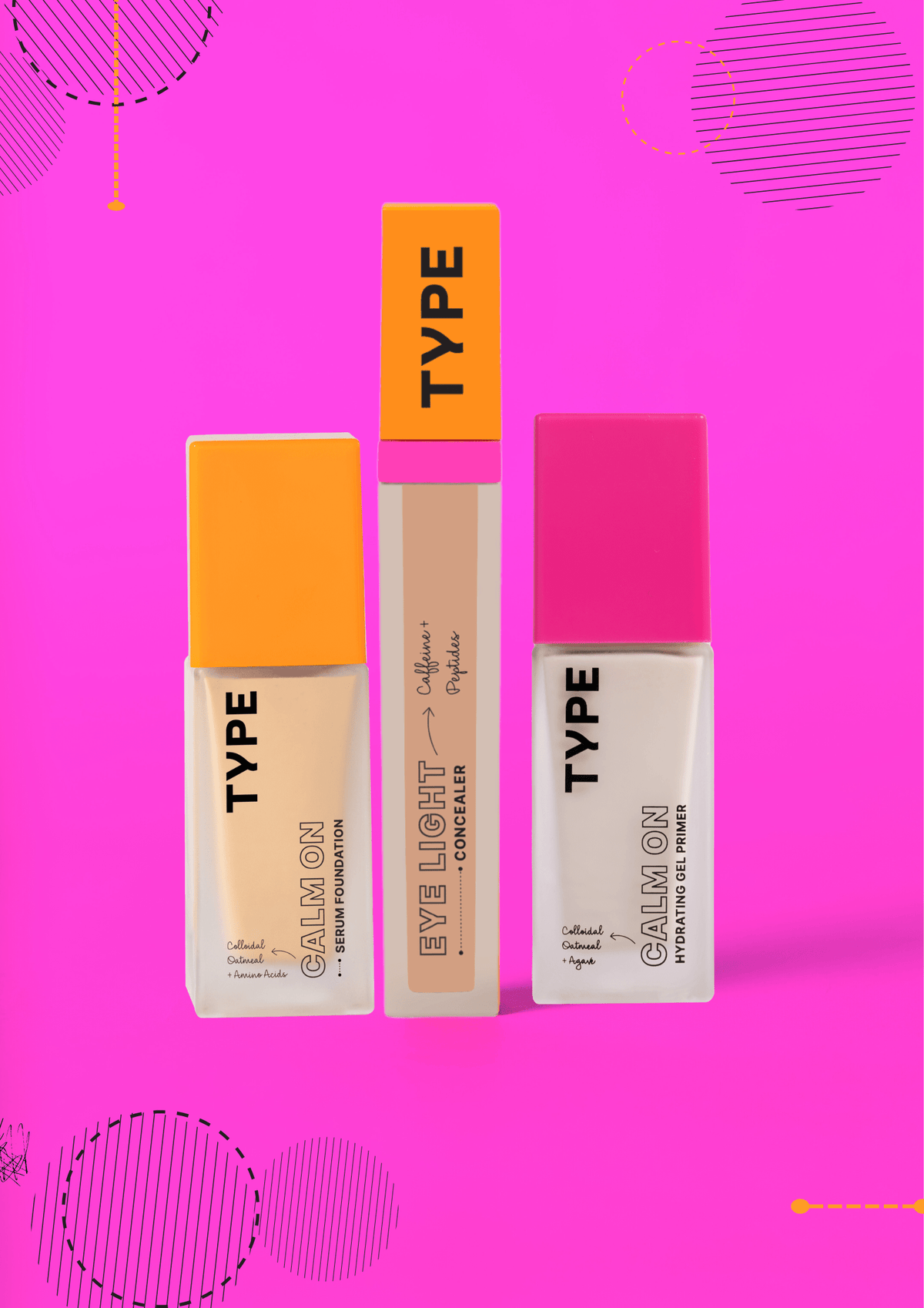 "Eye Light concealer, Calm On serum foundation, and primer on pink background."