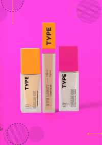 "Eye Light concealer, Calm On serum foundation, and primer on pink background."