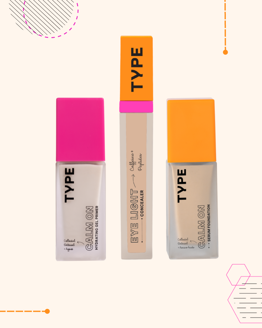 "The Calm On Set products: hydrating primer, concealer, serum foundation."