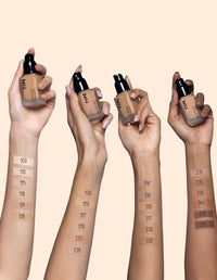 Diverse shades of Decrease Foundation displayed on various skin tones.