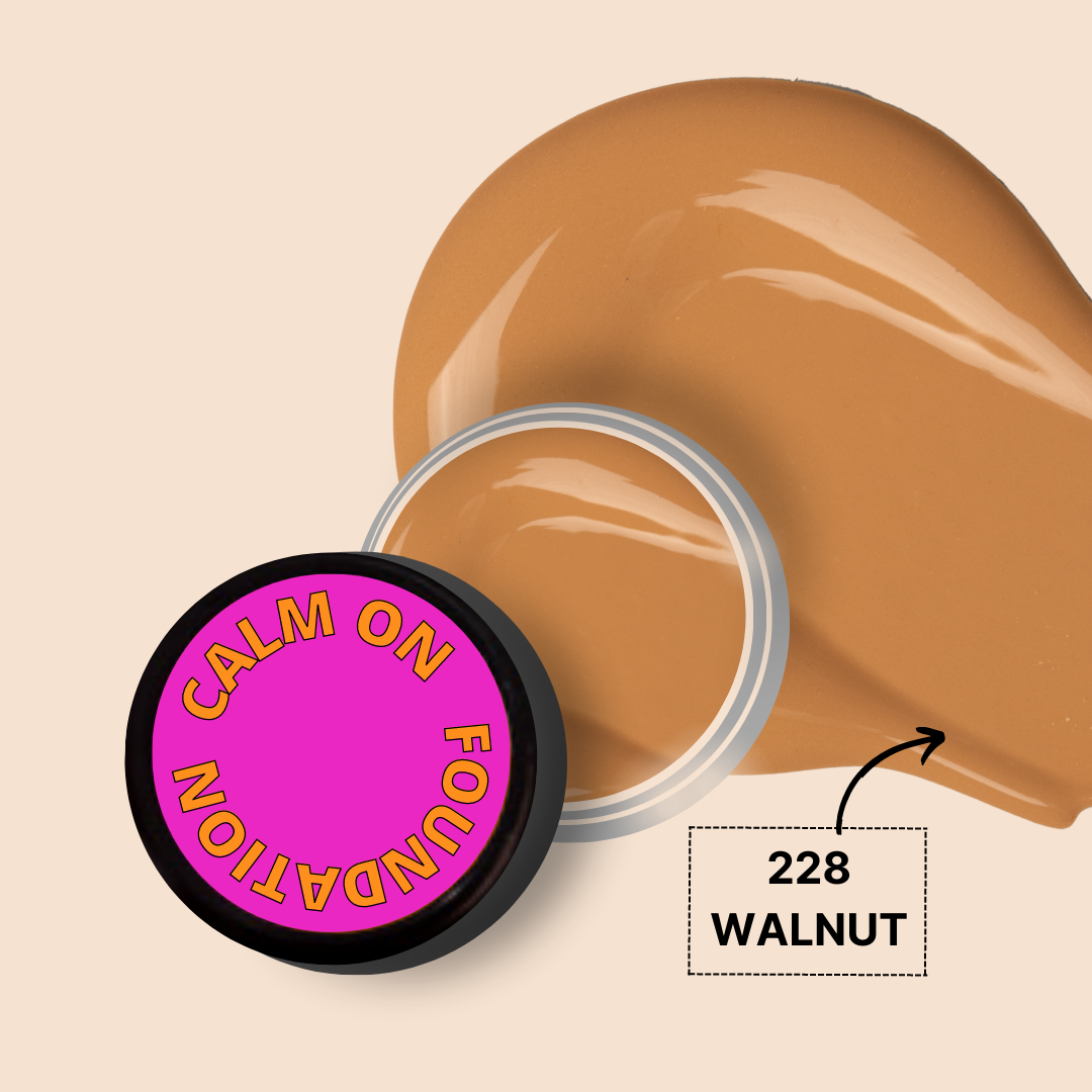 CALM ON FOUNDATION MINI in Walnut shade, creamy texture swatch.