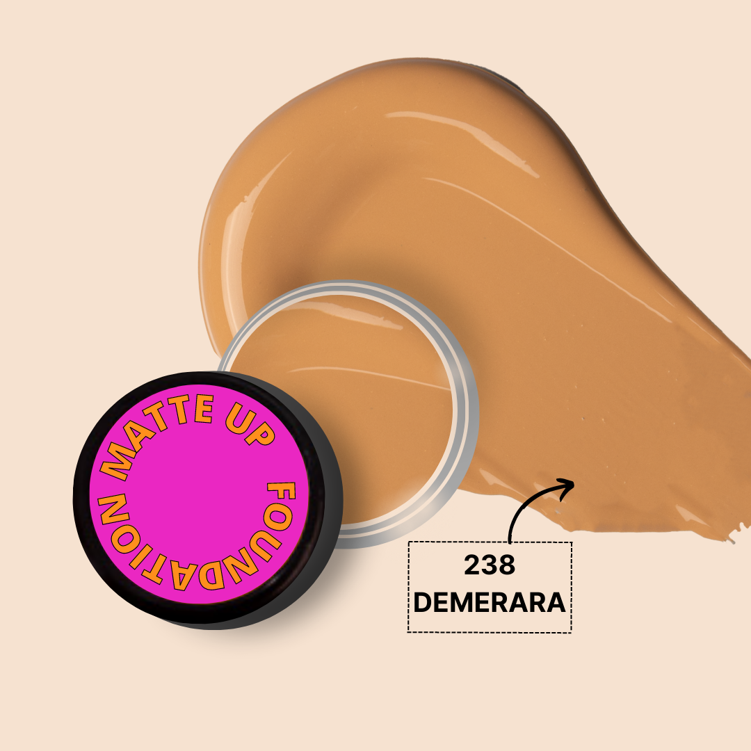 MATTE UP FOUNDATION MINI in shade 238 Demerara with creamy swatch.