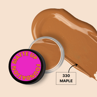 MATTE UP FOUNDATION MINI in shade 330 Maple with swatch on background.