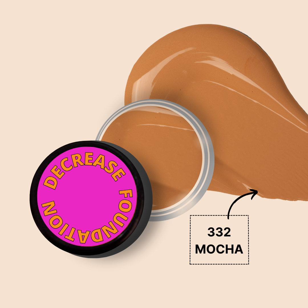 DECREASE FOUNDATION MINI in Mocha shade, creamy texture and packaging.