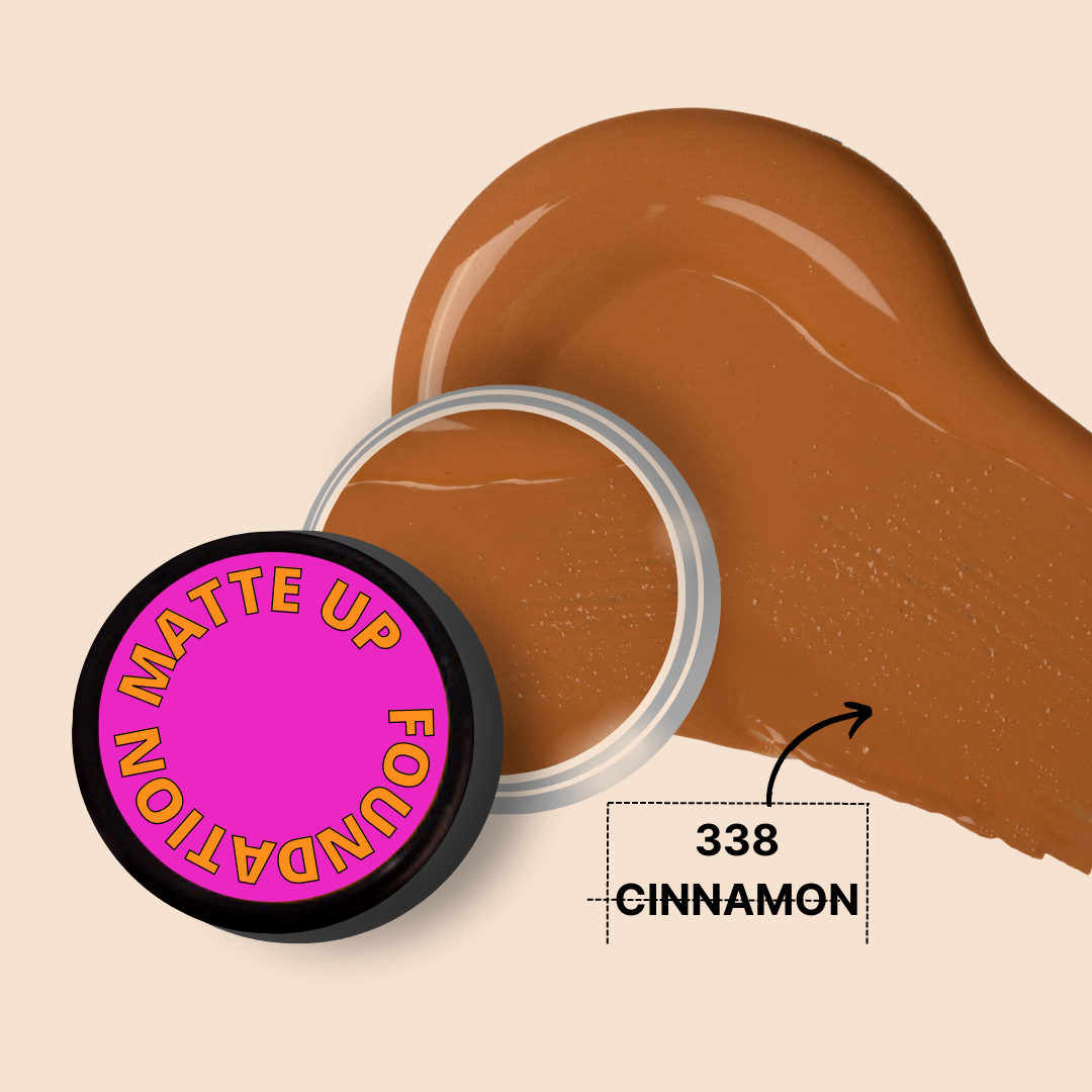 MATTE UP FOUNDATION MINI in Cinnamon shade, showing swatch and jar.